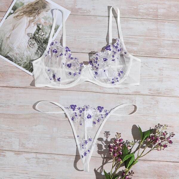 

Plus Embroidered Mesh Underwire Lingerie Set, Multicolor