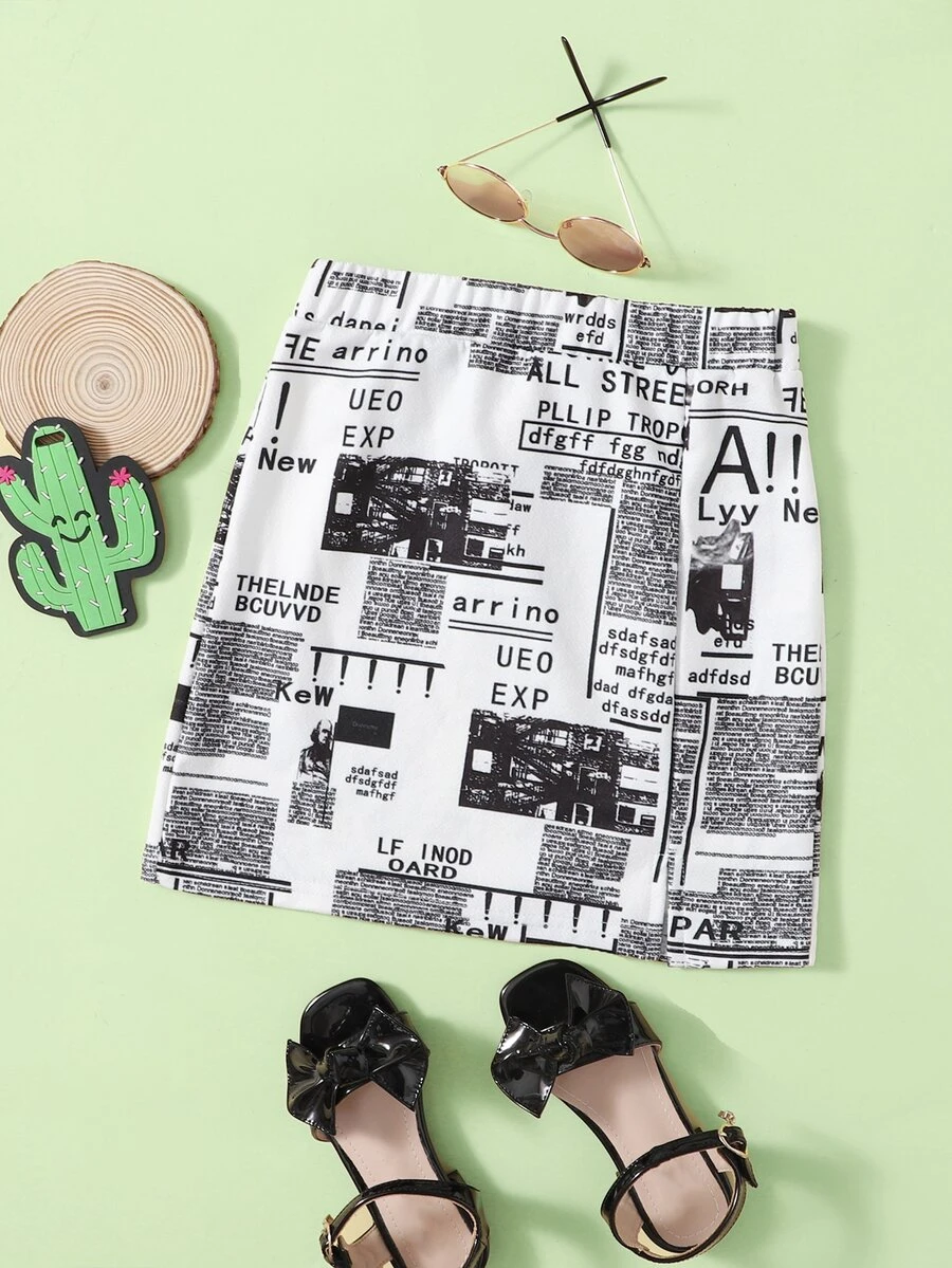 SHEIN Girls Newspaper Print Skirt - Black and White - View 1