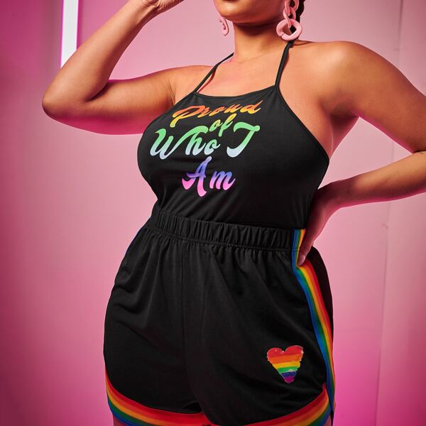 

Plus Letter Graphic Cami Top & Rainbow Striped Shorts Set, Black