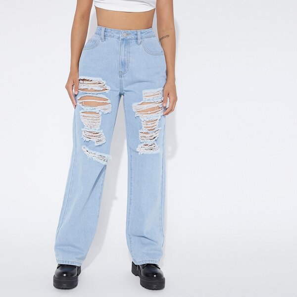

High Waist Ripped Detail Jeans, Light wash