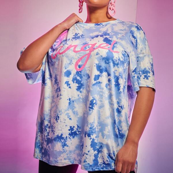 

Plus Tie Dye Letter Graphic Drop Shoulder Tee, Blue and white
