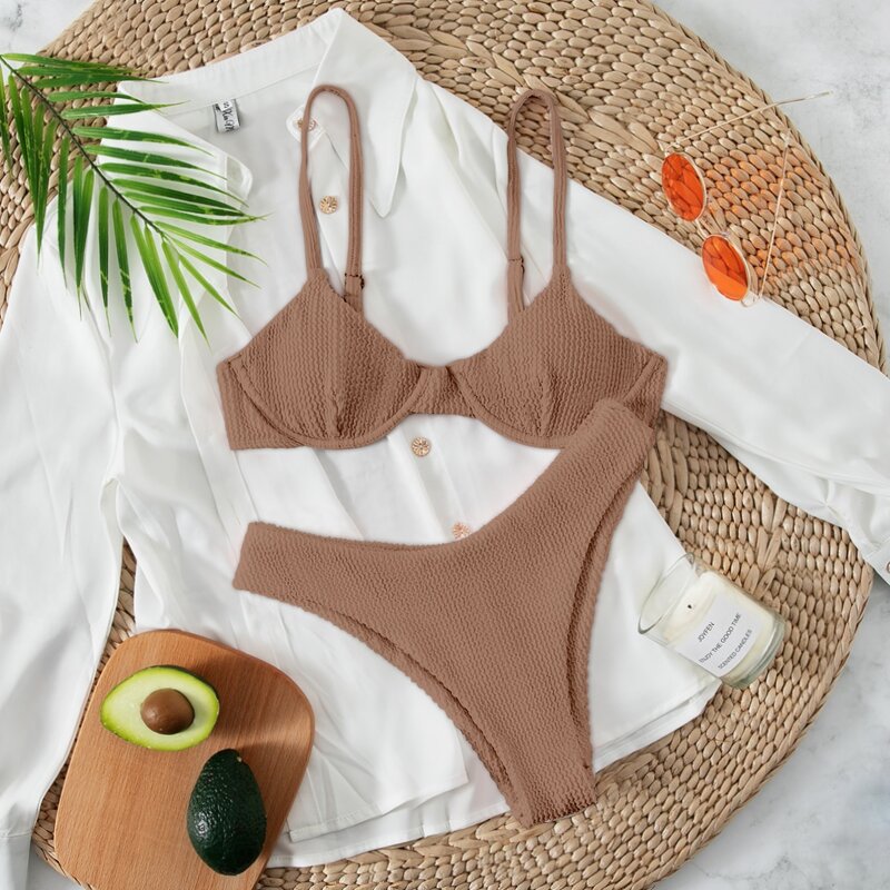 

Textured Underwire Bikini Swimsuit, Brown