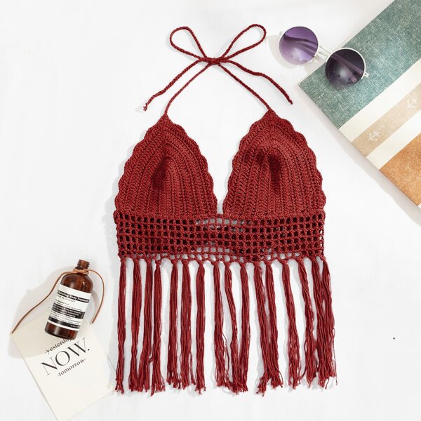 

Fringe Hem Crochet Cover Up Top, Rust brown