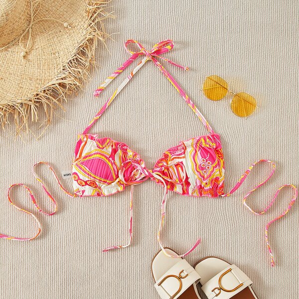 

Allover Graphic Frill Trim Bikini Top, Multicolor