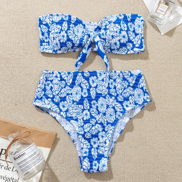 

Floral Smocked Knot Front Bandeau Bikini Swimsuit, Blue and white
