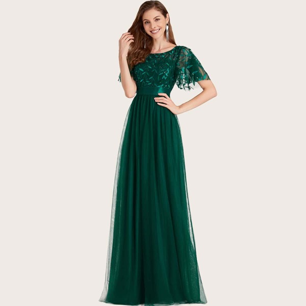 

Flutter Sleeve Sequin Bodice Mesh Prom Dress, Dark green