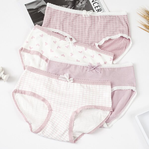 

Girls 4 Pack Heart And Plaid Print Lace Insert Brief, Multicolor