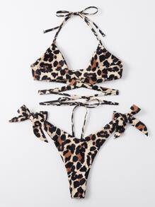 Leopard Print Crisscross Halter Bikini, For Summer Beach Vacation - Multicolor - View 2