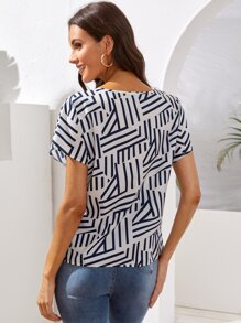 SHEIN LUNE Notch Neck Batwing Sleeve Striped Top - Blue and White - View 2