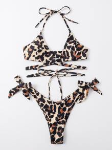 Leopard Print Crisscross Halter Bikini, For Summer Beach Vacation - Multicolor - View 3