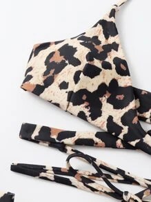 Leopard Print Crisscross Halter Bikini, For Summer Beach Vacation - Multicolor - View 5