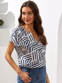 SHEIN LUNE Notch Neck Batwing Sleeve Striped Top - Blue and White - View 3