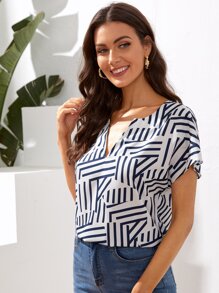 SHEIN LUNE Notch Neck Batwing Sleeve Striped Top - Blue and White - View 4