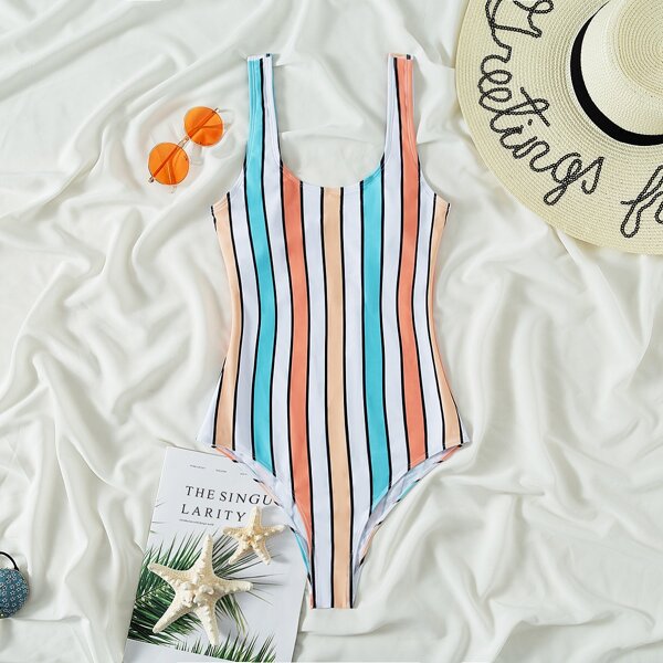 

Colorful Striped One Piece Swimsuit, Multicolor
