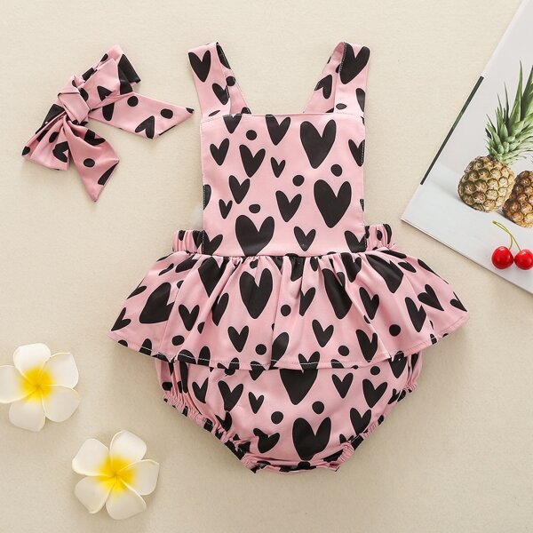 

Baby Girl Allover Heart Ruffle Trim Pinafore Bodysuit With Headband, Multicolor
