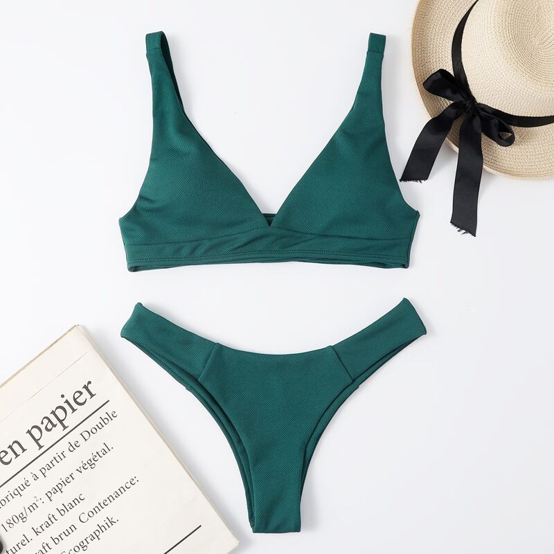 

Solid V Neck Bikini Swimsuit, Dark green
