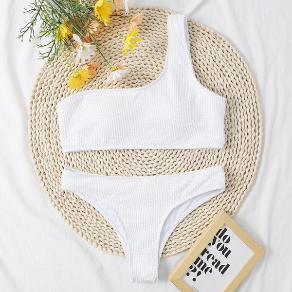 

Textured One Shoulder Bikini Swimsuit, White