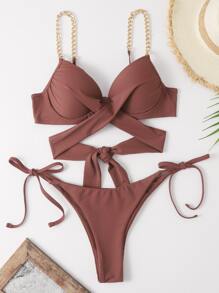 Chain Linked Underwire Bikini, For Summer Beach Vacation - Redwood - View 1