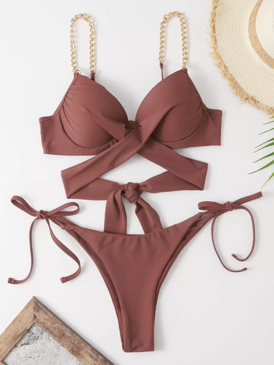 Chain Linked Underwire Bikini, For Summer Beach Vacation - Redwood - View 1