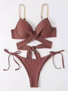 Chain Linked Underwire Bikini, For Summer Beach Vacation - Redwood - View 3