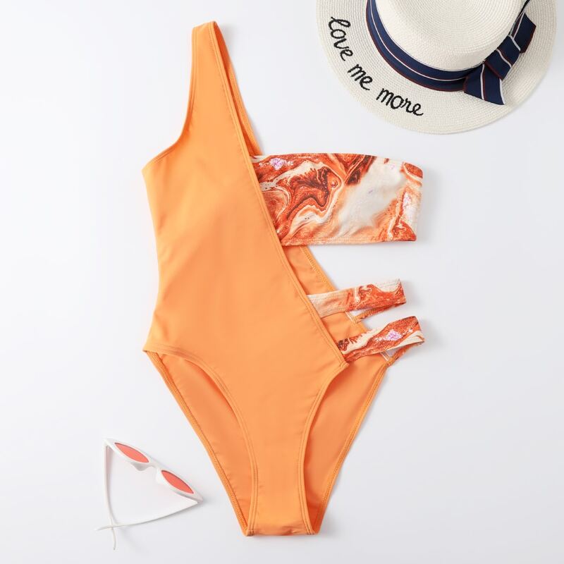 

2pack Marble Print Cut-out One Piece Swimsuit, Orange