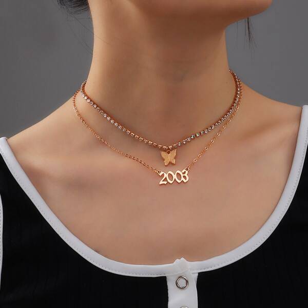 

2pcs Number & Butterfly Charm Necklace, Gold