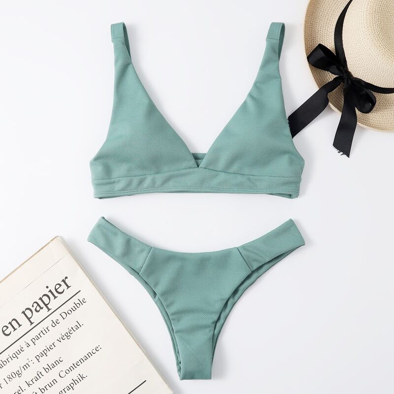 

V Neck Cheeky Bikini Swimsuit, Cadet blue