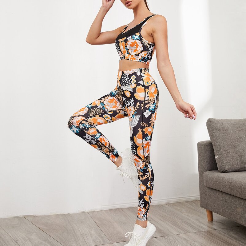 

High Stretch Floral Print Sports Bra With Leggings, Multicolor