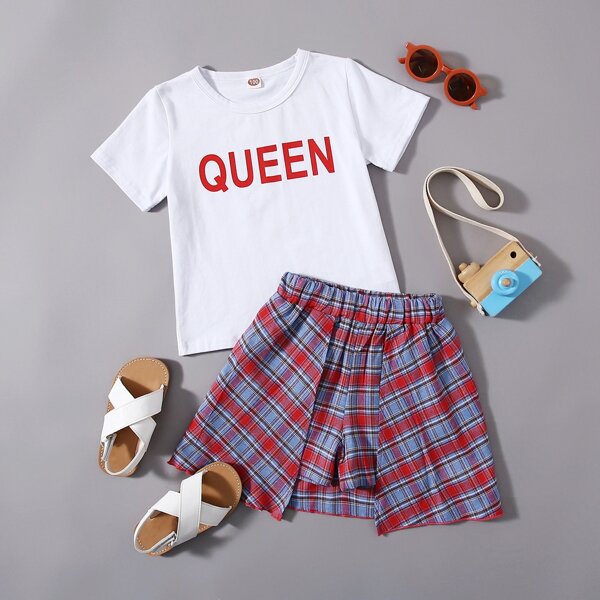 

Toddler Girls Letter Graphic Tee With Tartan Culotte Shorts, Multicolor