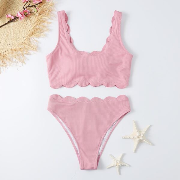 

Rib Scallop Trim Bikini Swimsuit, Baby pink