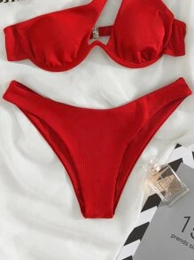 SHEIN Swim Sommer Strand Rippe Cut-Out Ein-Schulter-Bikini