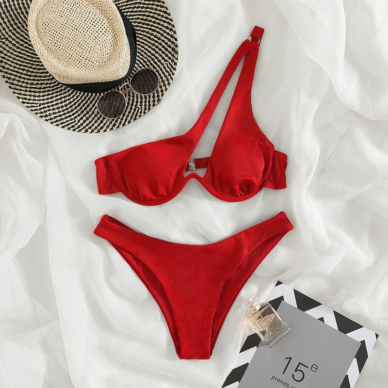 

Rib Cut Out One Shoulder Bikini Swimsuit, Red
