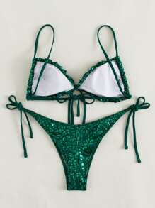 Summer Leopard Metallic Frill Tie Side Bikini - Dark Green - View 2