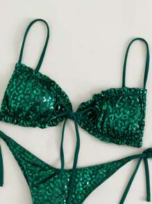 Summer Leopard Metallic Frill Tie Side Bikini - Dark Green - View 3