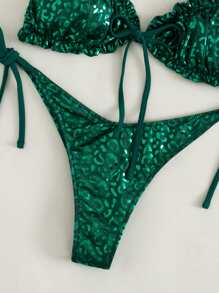 Summer Leopard Metallic Frill Tie Side Bikini - Dark Green - View 4