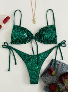 Summer Leopard Metallic Frill Tie Side Bikini - Dark Green - View 5