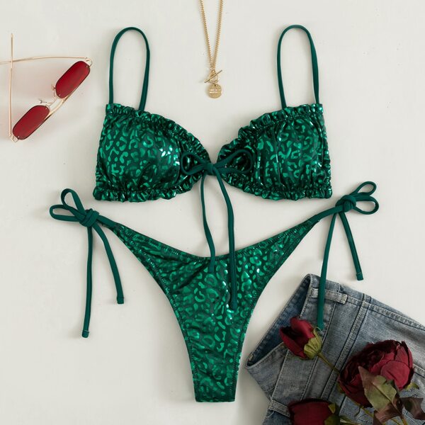 

Leopard Metallic Frill Tie Side Bikini Swimsuit, Dark green