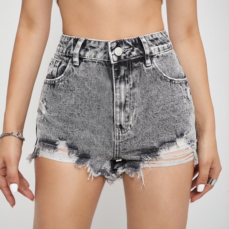 

High Waist Ripped Raw Hem Denim Shorts, Light grey