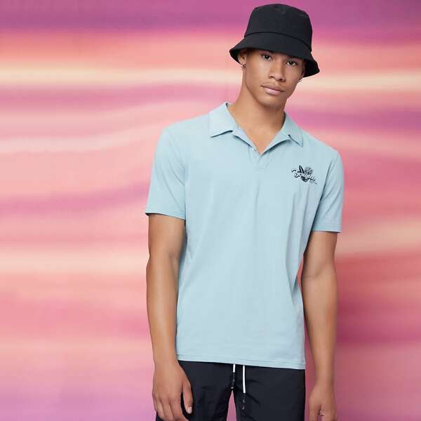 

Men Letter Graphic Polo Shirt, Blue