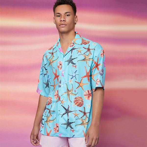 

Men Notched Collar Starfish Print Shirt, Multicolor