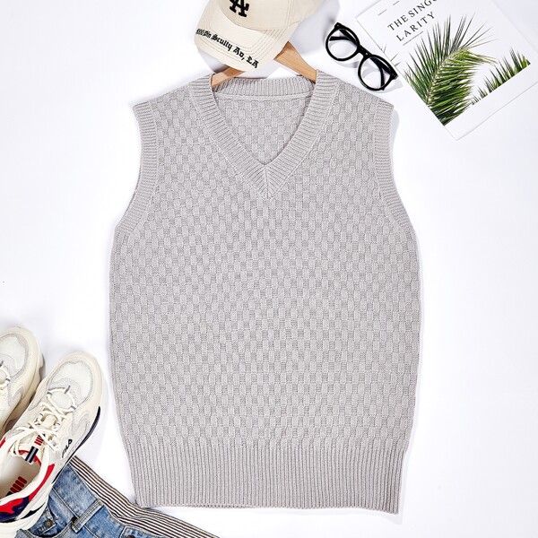 

Men Solid V-neck Sweater Vest, Grey