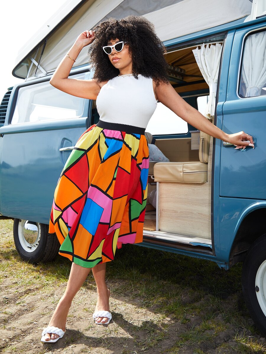 SHEIN Plus Colorblock Geo Print Skirt