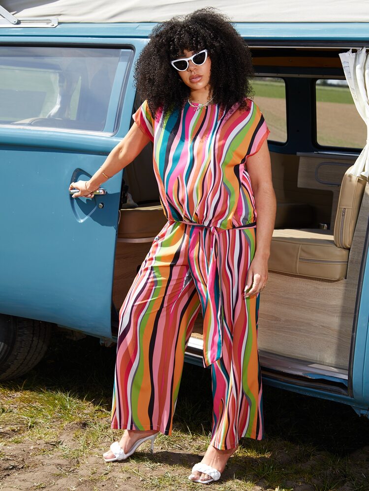 SHEIN Plus Shirred Waist Rainbow Striped Trousers - Multicolor - View 3