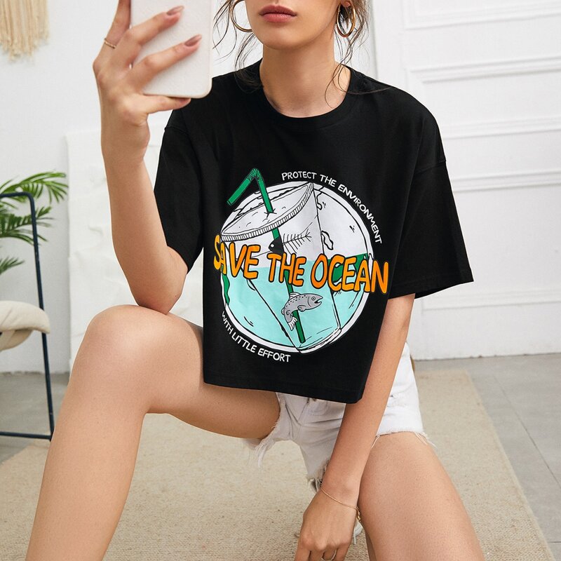 

Fish & Slogan Graphic Tee, Black