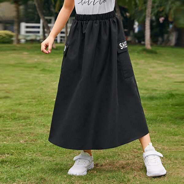 

Girls Letter Graphic Flap Pocket Skirt, Black