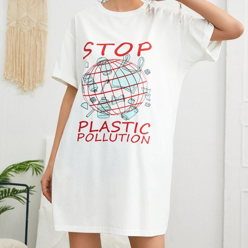 

Drop Shoulder Slogan Graphic Tee Dress, White