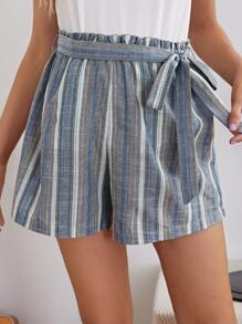 SHEIN 孕婦裝紙袋型腰帶條紋短褲 - 彩色 - 查看 1