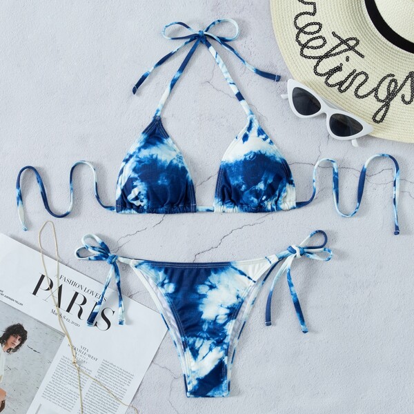 

Tie Dye Triangle Tie Side Bikini Swimsuit, Blue and white