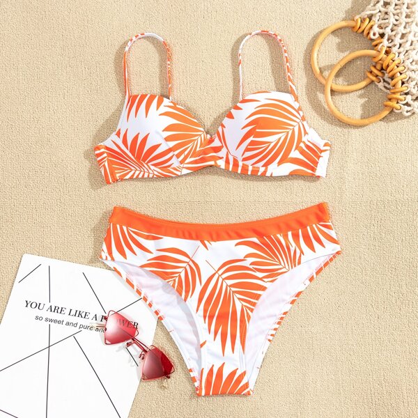 

Leaf Random Print Push Up Bikini Swimsuit, Orange