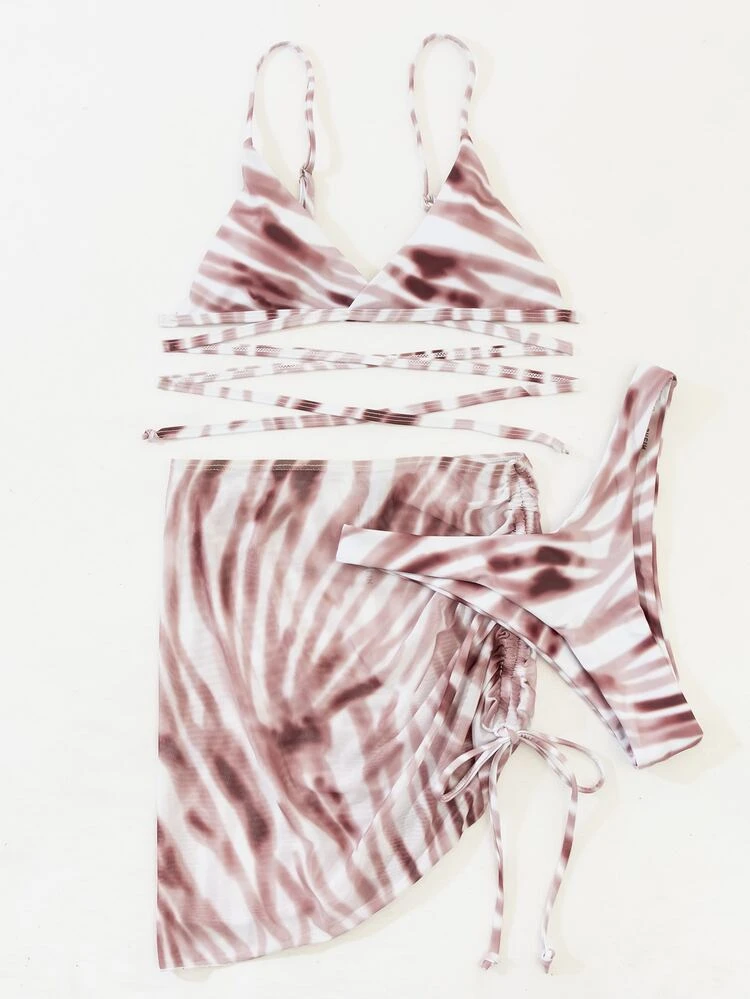 Set di bikini incrociati a 3 pacchi e gonna da spiaggia - Multicolore - Visualizzare 4